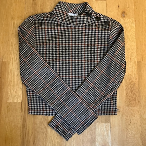 RD Style Tops - R.D. Style Women’s Black and Brown Plaid Houndstooth Cropped High Neck Shirt